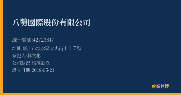 八勢國際股份有限公司的照片-統編 42723817(新北市) 公司登記資料與營業項目詳細圖表