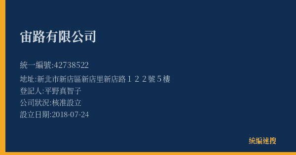 宙路有限公司的照片-統編 42738522(新北市) 公司登記資料與營業項目詳細圖表