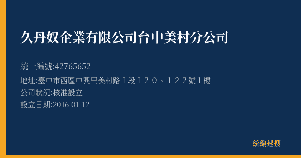 久丹奴企業有限公司台中美村分公司的照片-統編 42765652(臺中市) 公司登記資料與營業項目詳細圖表