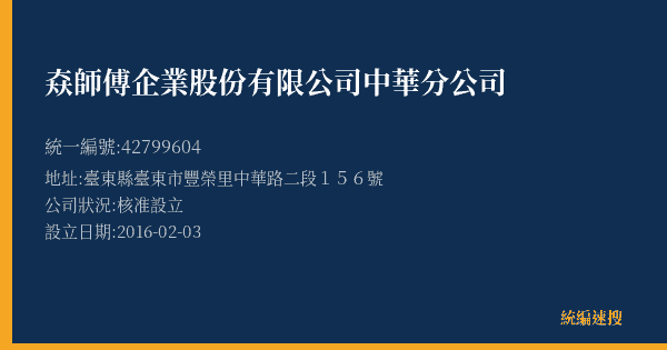 𡘙師傅企業股份有限公司中華分公司的照片-統編 42799604(臺東縣) 公司登記資料與營業項目詳細圖表
