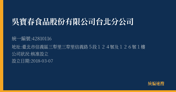 吳寶春食品股份有限公司台北分公司的照片-統編 42810116(臺北市) 公司登記資料與營業項目詳細圖表