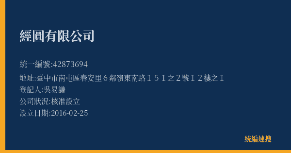經圓有限公司的照片-統編 42873694(臺中市) 公司登記資料與營業項目詳細圖表