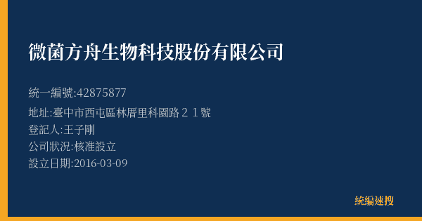 微菌方舟生物科技股份有限公司的照片-統編 42875877(臺中市) 公司登記資料與營業項目詳細圖表