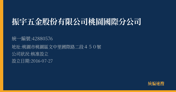 振宇五金股份有限公司桃園國際分公司的照片-統編 42880576(桃園市) 公司登記資料與營業項目詳細圖表