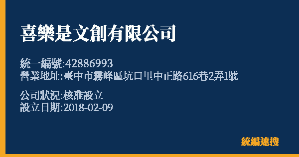 喜樂是文創有限公司的照片-統編 42886993 公司登記資料與營業項目詳細圖表