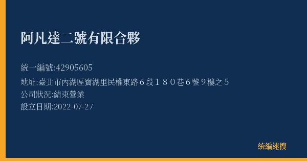 阿凡達二號有限合夥的照片-統編 42905605(臺北市) 公司登記資料與營業項目詳細圖表