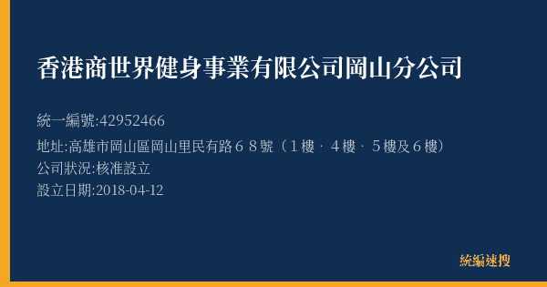 香港商世界健身事業有限公司岡山分公司的照片-統編 42952466(高雄市) 公司登記資料與營業項目詳細圖表