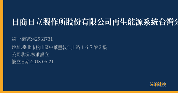 日商日立製作所股份有限公司再生能源系統台灣分公司的照片-統編 42961731(臺北市) 公司登記資料與營業項目詳細圖表