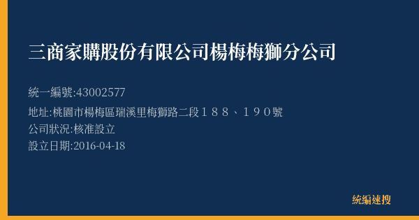 三商家購股份有限公司楊梅梅獅分公司的照片-統編 43002577(桃園市) 公司登記資料與營業項目詳細圖表