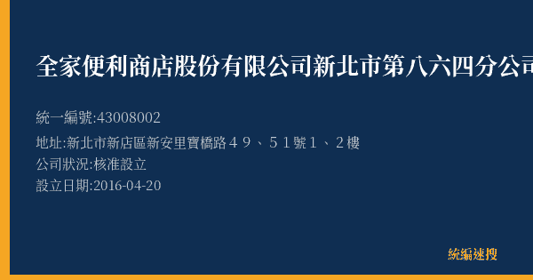全家便利商店股份有限公司新北市第八六四分公司的照片-統編 43008002(新北市) 公司登記資料與營業項目詳細圖表
