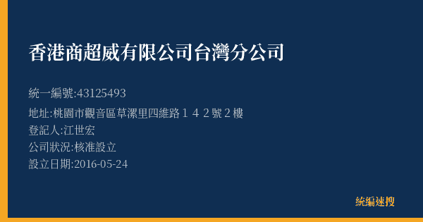 香港商超威有限公司台灣分公司的照片-統編 43125493(桃園市) 公司登記資料與營業項目詳細圖表