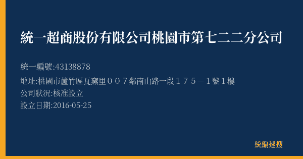 統一超商股份有限公司桃園市第七二二分公司的照片-統編 43138878(桃園市) 公司登記資料與營業項目詳細圖表