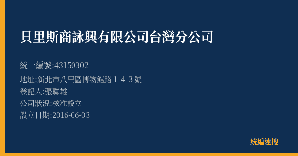貝里斯商詠興有限公司台灣分公司的照片-統編 43150302(新北市) 公司登記資料與營業項目詳細圖表