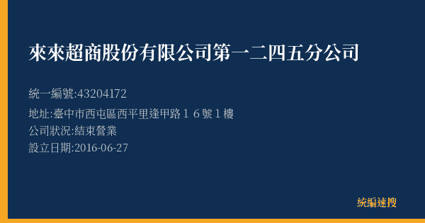 來來超商股份有限公司第一二四五分公司的照片-統編 43204172(臺中市) 公司登記資料與營業項目詳細圖表