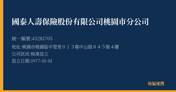 國泰人壽保險股份有限公司桃園市分公司的照片-統編 43281705(桃園市) 公司登記資料與營業項目詳細圖表