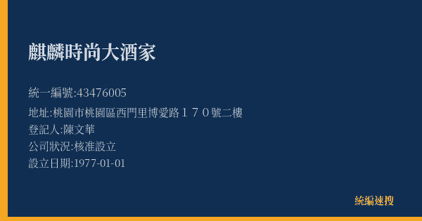 麒麟時尚大酒家的照片-統編 43476005(桃園市) 公司登記資料與營業項目詳細圖表
