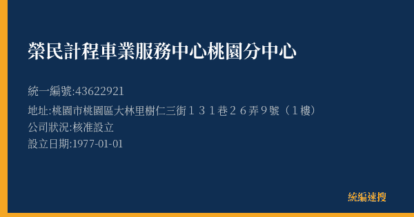 榮民計程車業服務中心桃園分中心的照片-統編 43622921(桃園市) 公司登記資料與營業項目詳細圖表