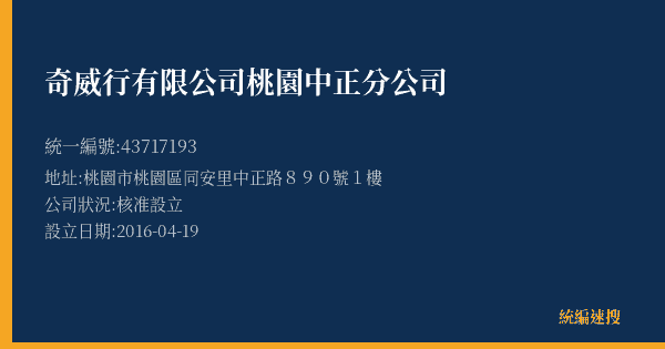 奇威行有限公司桃園中正分公司的照片-統編 43717193(桃園市) 公司登記資料與營業項目詳細圖表
