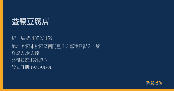 益豐豆腐店的照片-統編 43723456(桃園市) 公司登記資料與營業項目詳細圖表