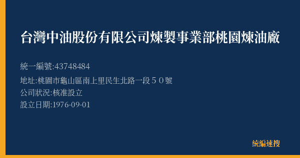 台灣中油股份有限公司煉製事業部桃園煉油廠的照片-統編 43748484(桃園市) 公司登記資料與營業項目詳細圖表