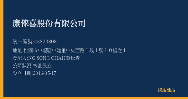 康倈喜股份有限公司的照片-統編 43823808(桃園市) 公司登記資料與營業項目詳細圖表