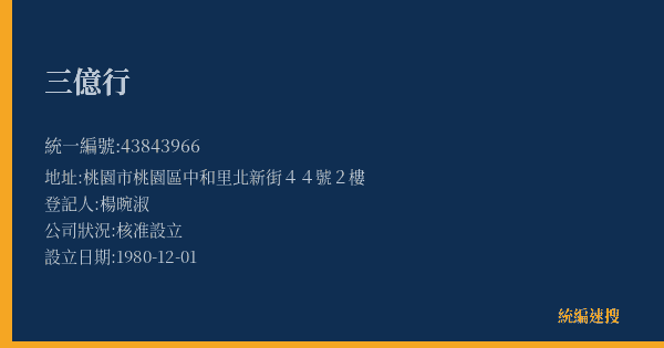 三億行的照片-統編 43843966(桃園市) 公司登記資料與營業項目詳細圖表