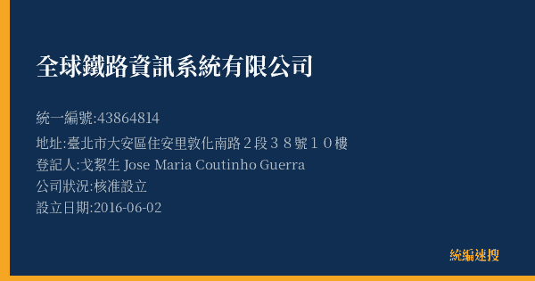全球鐵路資訊系統有限公司的照片-統編 43864814(臺北市) 公司登記資料與營業項目詳細圖表