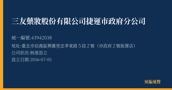 三友藥妝股份有限公司捷運市政府分公司的照片-統編 43942038(臺北市) 公司登記資料與營業項目詳細圖表