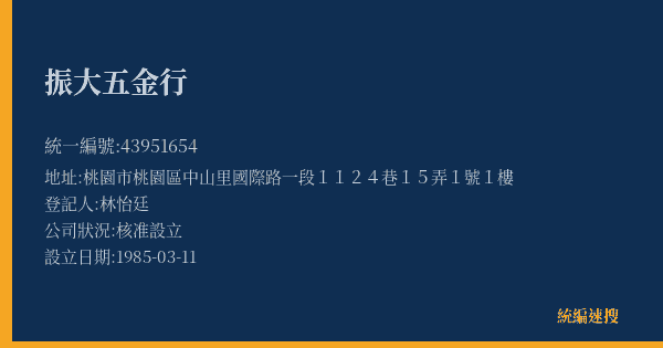 振大五金行的照片-統編 43951654(桃園市) 公司登記資料與營業項目詳細圖表