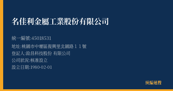 名佳利金屬工業股份有限公司的照片-統編 45018531(桃園市) 公司登記資料與營業項目詳細圖表