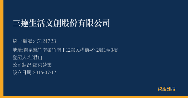 三達生活文創股份有限公司的照片-統編 45124723(苗栗縣) 公司登記資料與營業項目詳細圖表