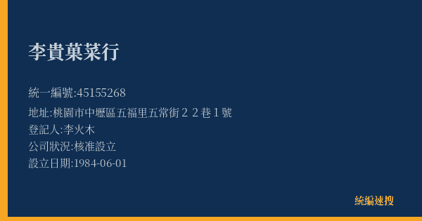 李貴菓菜行的照片-統編 45155268(桃園市) 公司登記資料與營業項目詳細圖表
