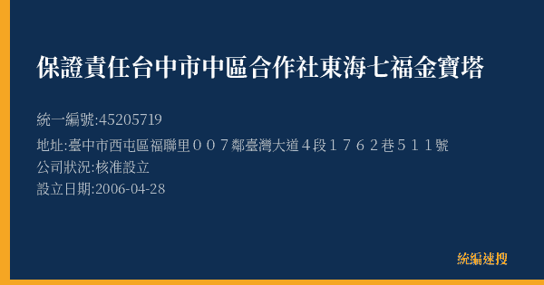 保證責任台中市中區合作社東海七福金寶塔的照片-統編 45205719(臺中市) 公司登記資料與營業項目詳細圖表
