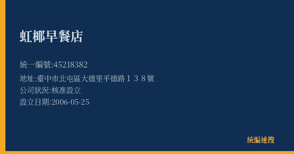 虹椰早餐店的照片-統編 45218382(臺中市) 公司登記資料與營業項目詳細圖表