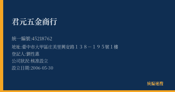 君元五金商行的照片-統編 45218762(臺中市) 公司登記資料與營業項目詳細圖表