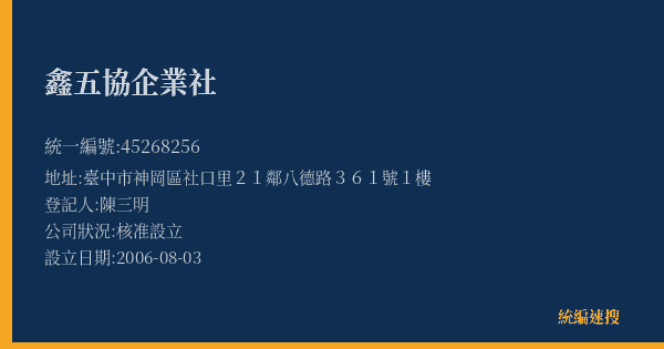鑫五協企業社的照片-統編 45268256(臺中市) 公司登記資料與營業項目詳細圖表