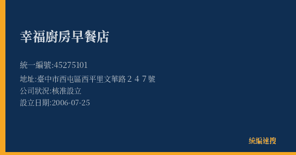 幸福廚房早餐店的照片-統編 45275101(臺中市) 公司登記資料與營業項目詳細圖表