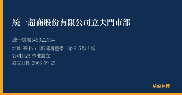 統一超商股份有限公司立夫門市部的照片-統編 45322054(臺中市) 公司登記資料與營業項目詳細圖表