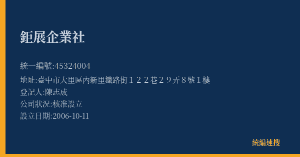 鉅展企業社的照片-統編 45324004(臺中市) 公司登記資料與營業項目詳細圖表