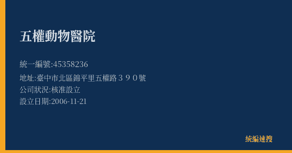 五權動物醫院的照片-統編 45358236(臺中市) 公司登記資料與營業項目詳細圖表