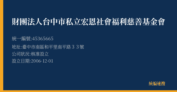 財團法人台中市私立宏恩社會福利慈善基金會的照片-統編 45365665(臺中市) 公司登記資料與營業項目詳細圖表