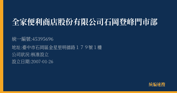 全家便利商店股份有限公司石岡登峰門市部的照片-統編 45395696(臺中市) 公司登記資料與營業項目詳細圖表