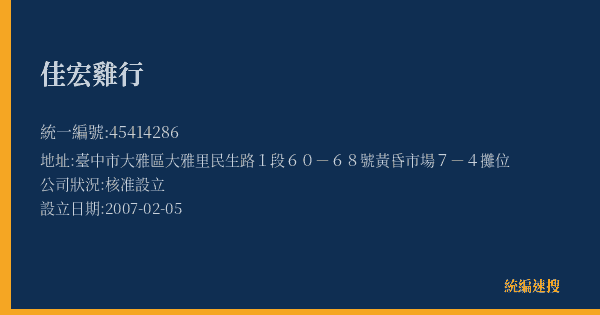 佳宏雞行的照片-統編 45414286(臺中市) 公司登記資料與營業項目詳細圖表