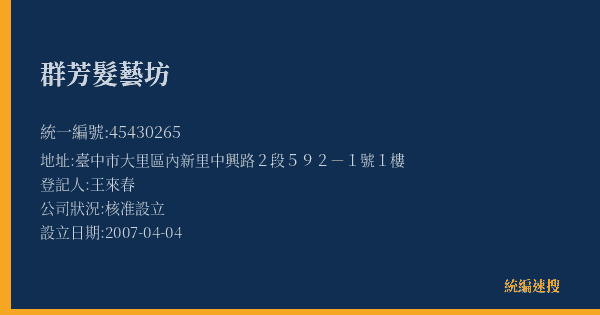 群芳髮藝坊的照片-統編 45430265(臺中市) 公司登記資料與營業項目詳細圖表