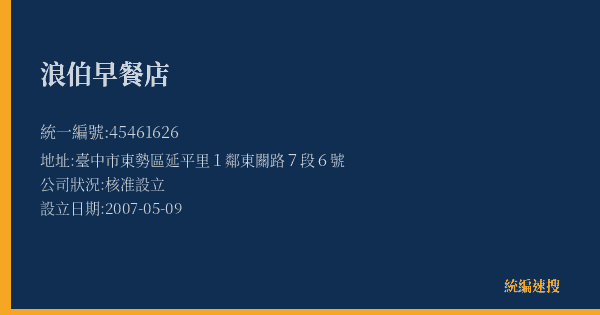 浪伯早餐店的照片-統編 45461626(臺中市) 公司登記資料與營業項目詳細圖表