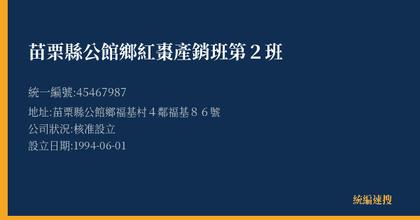 苗栗縣公館鄉紅棗產銷班第2班的照片-統編 45467987 公司登記資料與營業項目詳細圖表