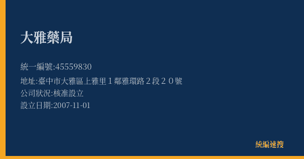 大雅藥局的照片-統編 45559830(臺中市) 公司登記資料與營業項目詳細圖表