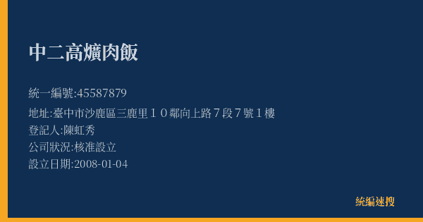 中二高爌肉飯的照片-統編 45587879(臺中市) 公司登記資料與營業項目詳細圖表