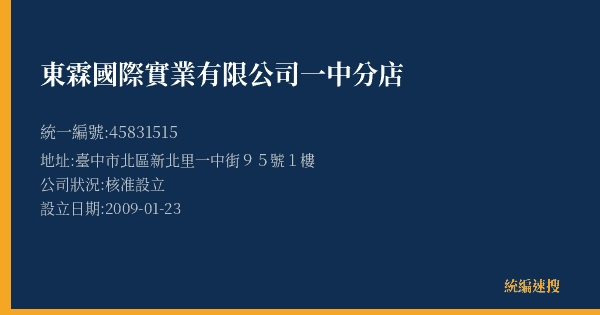 東霖國際實業有限公司一中分店的照片-統編 45831515(臺中市) 公司登記資料與營業項目詳細圖表
