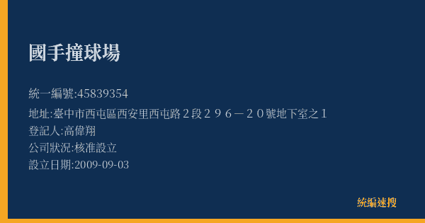 國手撞球場的照片-統編 45839354(臺中市) 公司登記資料與營業項目詳細圖表
